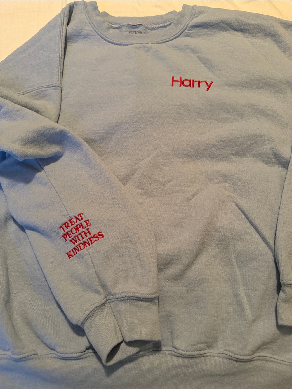 Harry Styles Light Blue Crewneck Sweatshirt with Red Embroidered Details